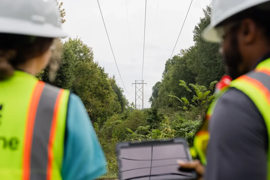 Two workers in hard hats inspecting an electric utility line