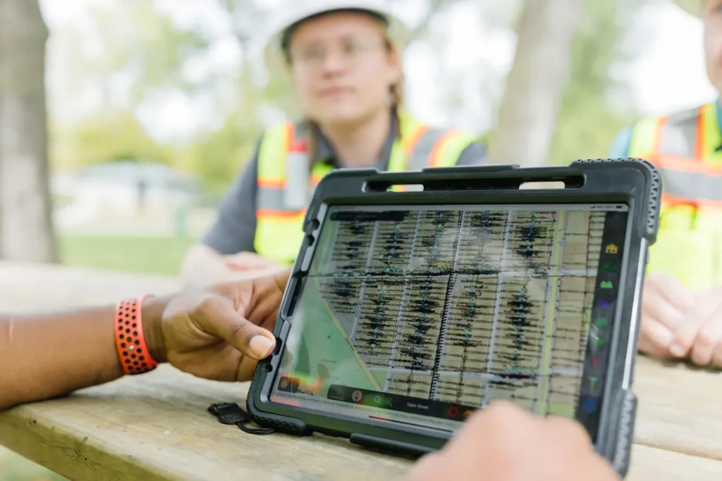 Forestry and utility workers analyze data on a digital tablet.