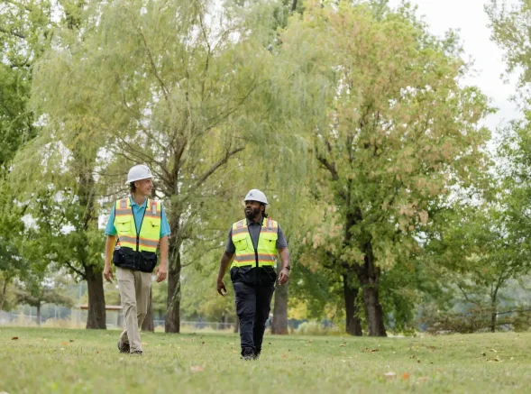 Workers wearing hard hats and safety vests walking near a grove of trees